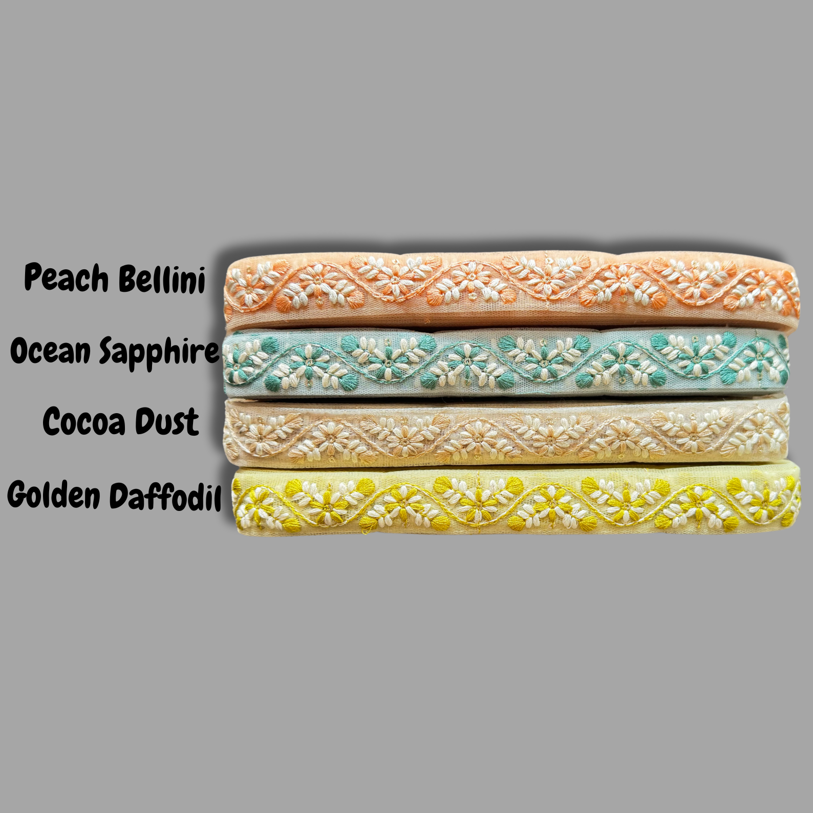 Avixa embroidery trim in 4 vibrant colours