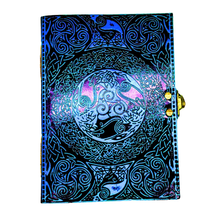 Ezra Blue Leather Dairy with brass lock on a white background