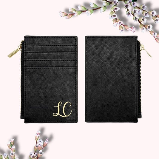 Black Card Wallet Personalized on an asthetic background with leaf branches