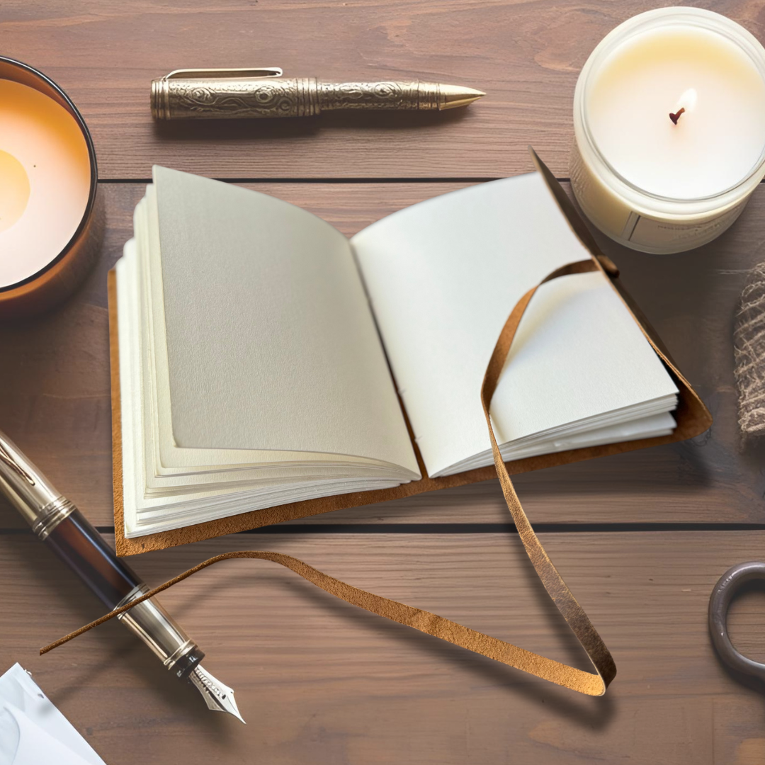 Personalised gift - Cassia leather journal on an asthetic office table layout