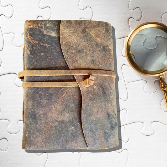 Delaney Leather Sketchbook - Handmade Journal for Artists on a white puzzle background with a magnifying glass on the side