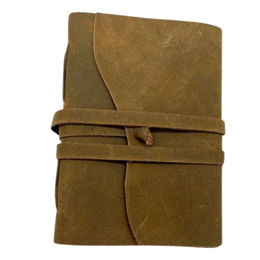 Leather Journal Personalised on a white background with a leather strap to tie the journal