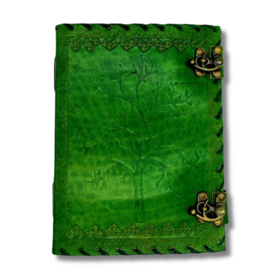 Milo Tree Of Life Leather Journal on white background with 2 brass locks