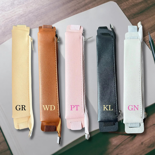 Personalised Leather Pen Holder in 4 colours Cream, brown, pink, black and grey