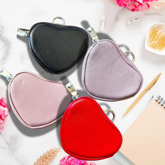 Small coin purse keychain in black, pink, lavender and red
