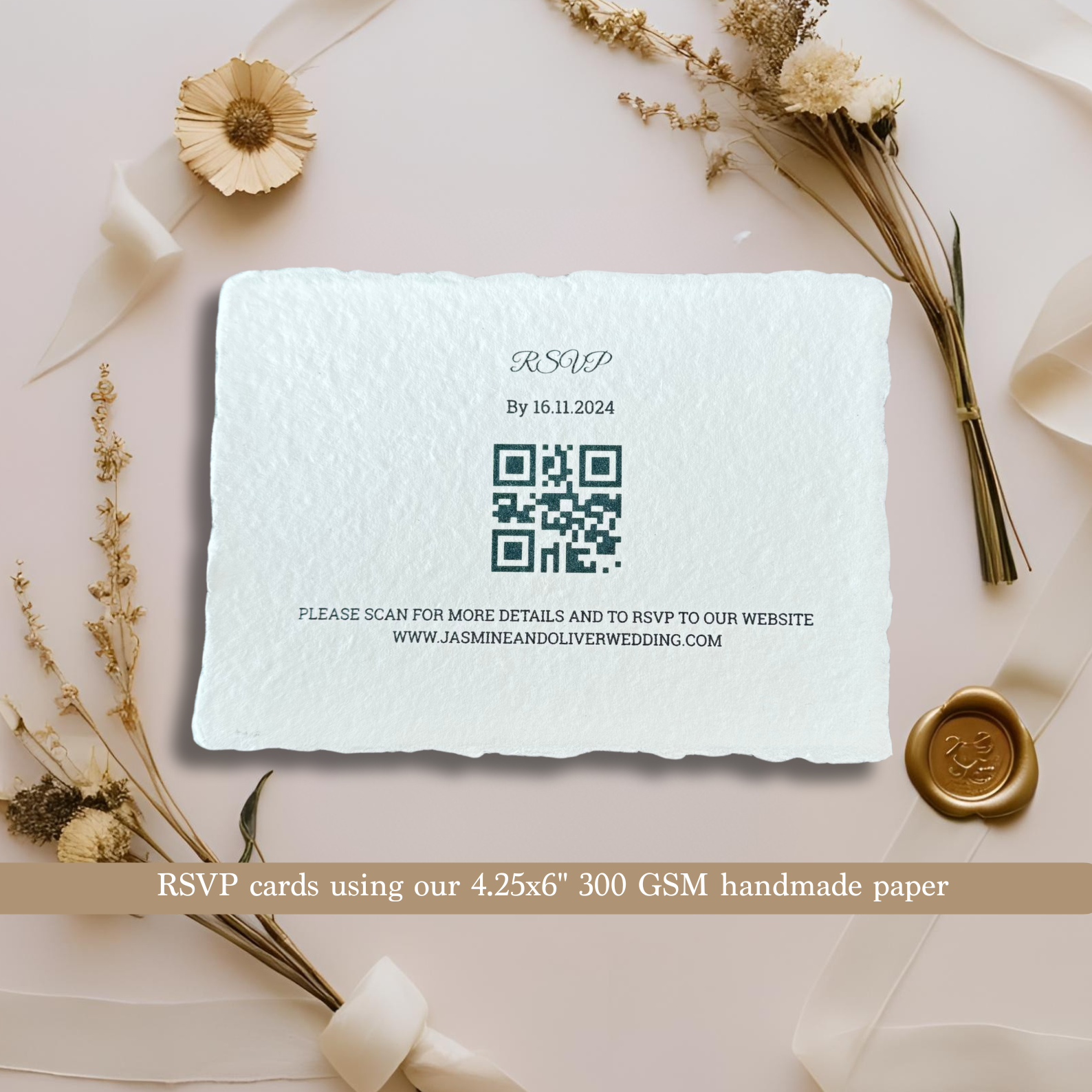 Wedding RSVP cards on 300 gsm handmade paper on an asthetic background