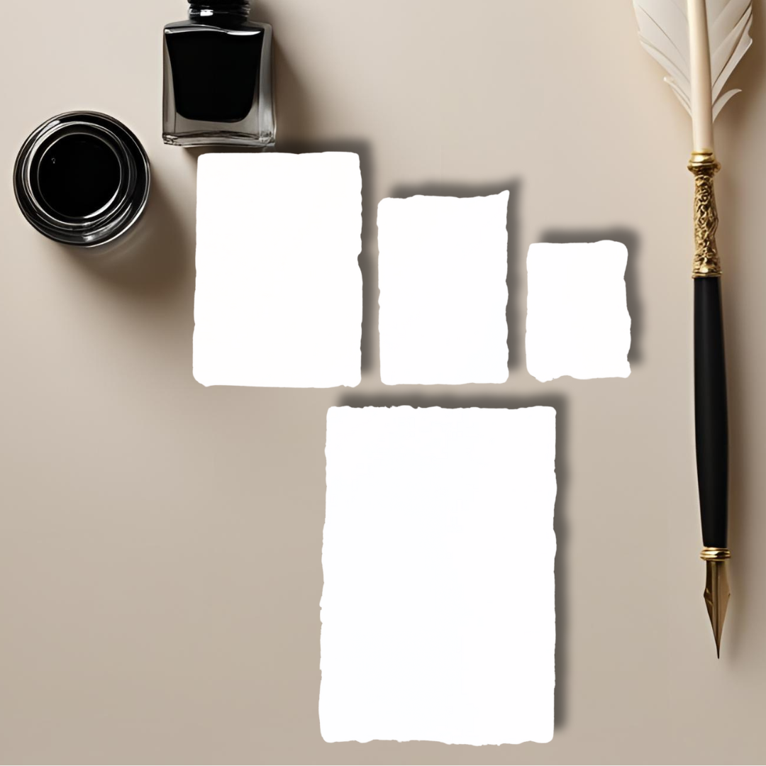 calligraphy paper sample pack in different sizes on an asthetic background with ink and a feather pen on the sides