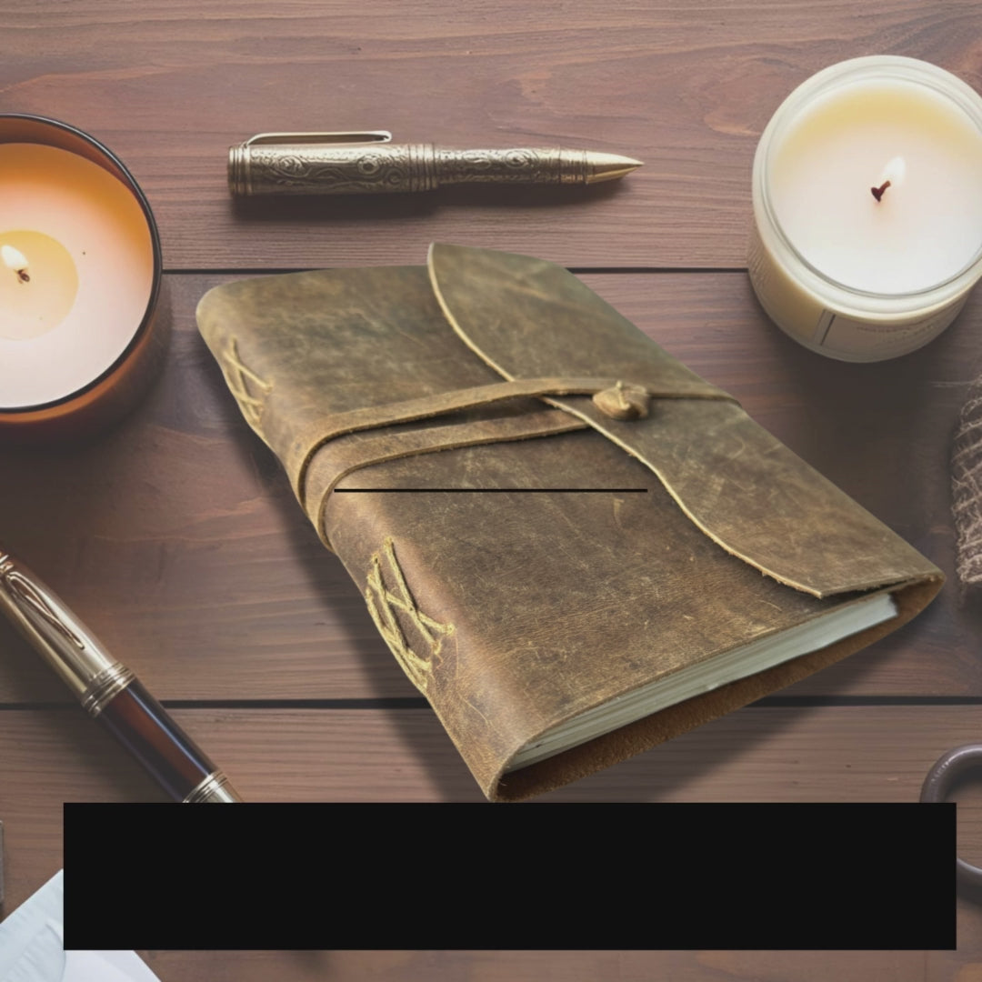 A video showcasing the personalised  journal from Labcraft Boutique, featuring detailed close-ups of the handcrafted leather cover, white blank pages, and measurements. The video also includes styled workspace shots with the journal alongside a laptop, coffee cup, wicker coaster, binder clips, and plants, all highlighted in warm natural sunlight to inspire creativity and mindful journaling.