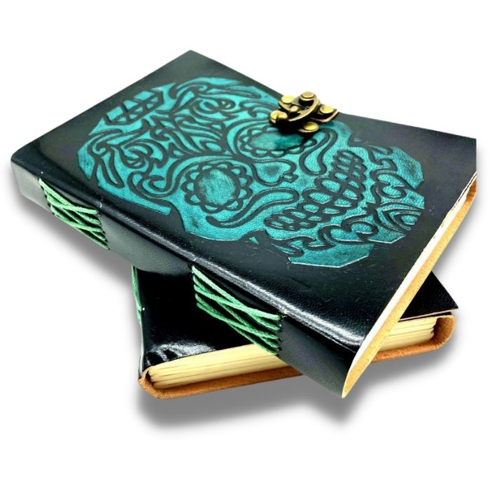 2 skull leather journals one on top of the other as Halloween gift