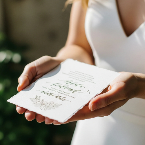 bride holding diy wedding invitation
