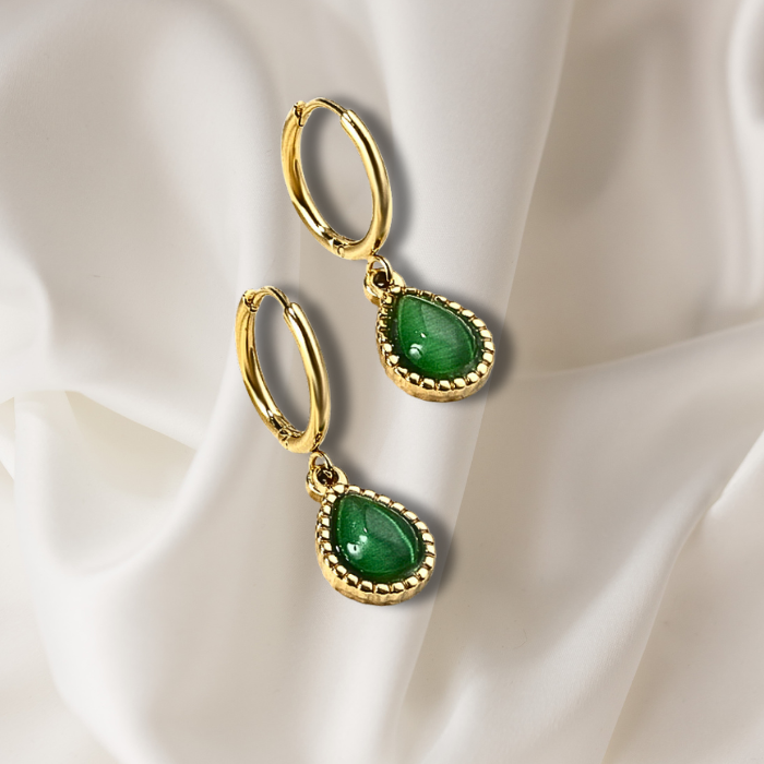 Ellery Minimalist Gold Plated Green Earrings on satin fabric