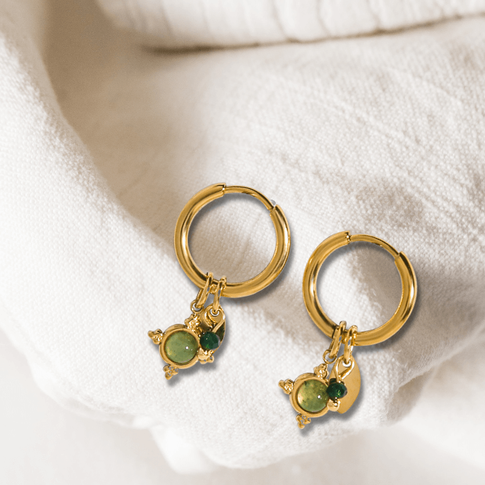 Adira Aventurine 18K Gold Plated Earrings on a cream background