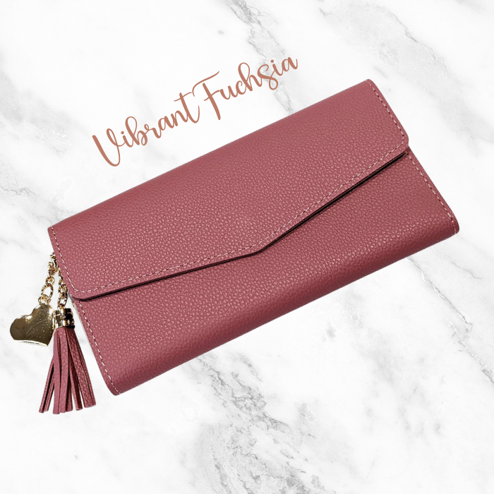 Vibrant fuchsia Leather Wallet with heart and tassel