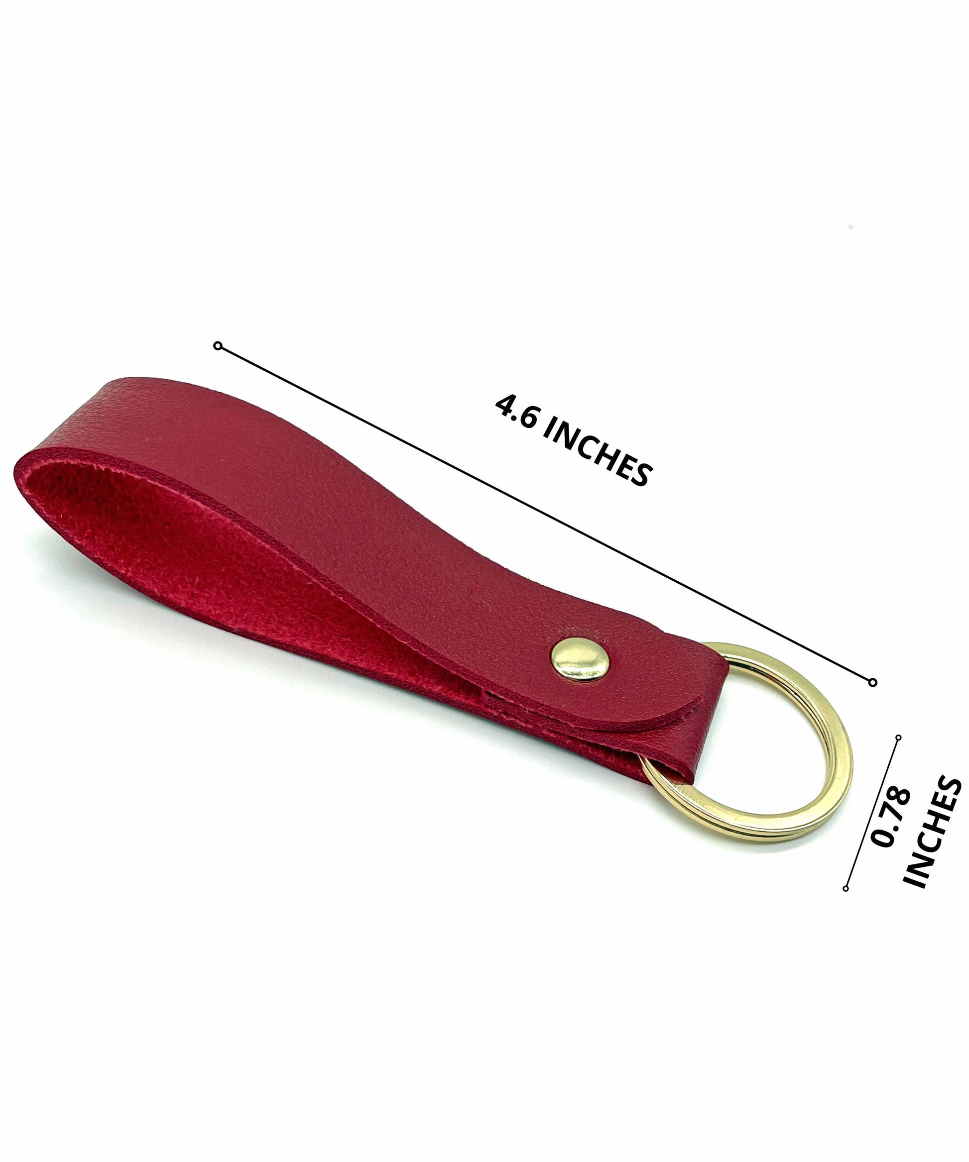 Vibrant Fuchsia leather keychain with measurements.
