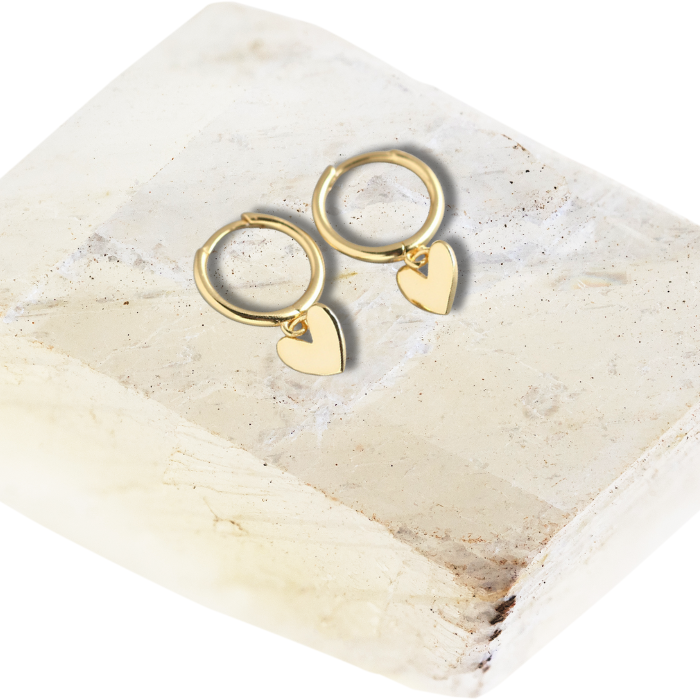 Ari Love Heart Earrings in gold on a stone