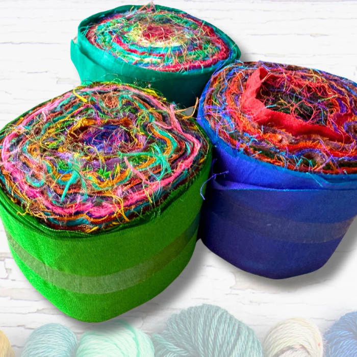 Sari Silk Ribbon Yarn Roll – Recycled Art Yarn in Multi Mix Jewel Tones (2" Width)