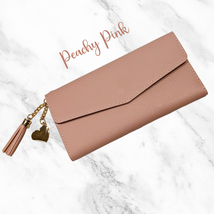 Peachy Pink Leather Wallet with heart and tassel