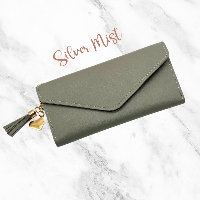 Silver Mist  Leather Wallet with heart and tassel