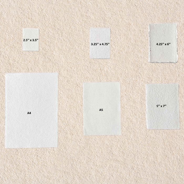 Displaying different sizes of 250 GSM Handmade Paper with deckled edge.