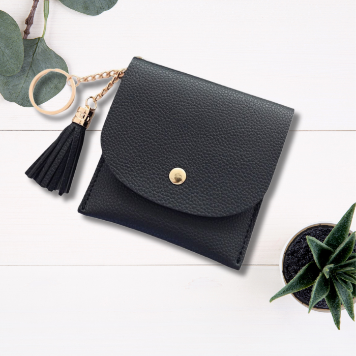 Black Card Holder keychain wallet with tassel flatlay 