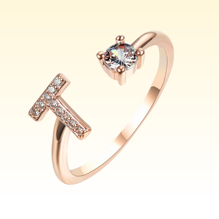 Adjustable Rings with Initial Letter T in Rose Gold