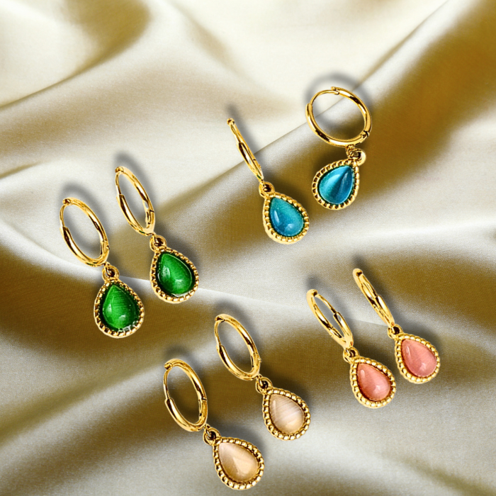 Ellery Minimalist Gold Plated  Earrings on satin fabric in green, blue, pink and white