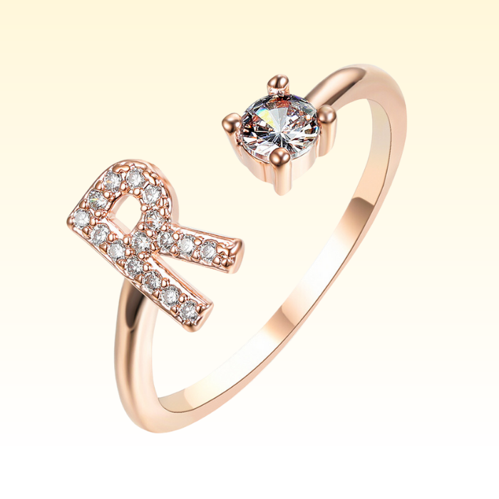 Adjustable Rings with Initial Letter R in Rose Gold