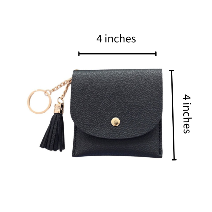 Black Card Holder keychain wallet with tassel with measurements