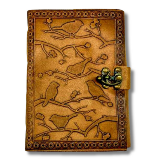 Delilah Leather Journal Travel with Brown embossed bird design and a brass lock