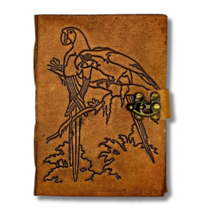 Bird Leather Journal with parrot embossing on cover with brass lock.