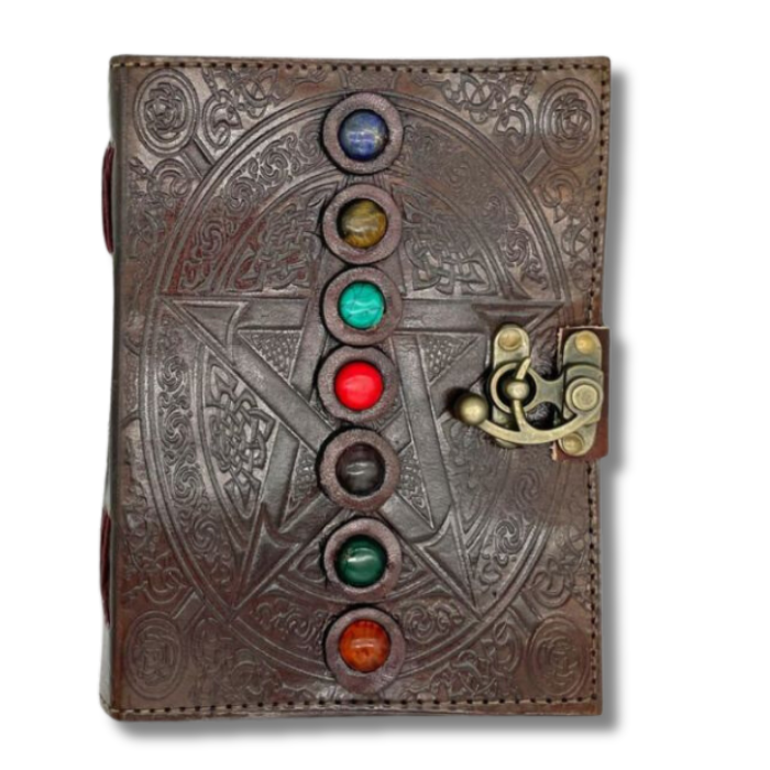 7 Chakra Stone Bound Leather Journal on a white background
