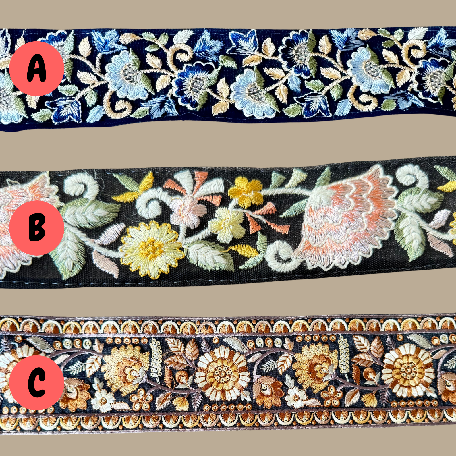 Embroidered trim in 3 designs