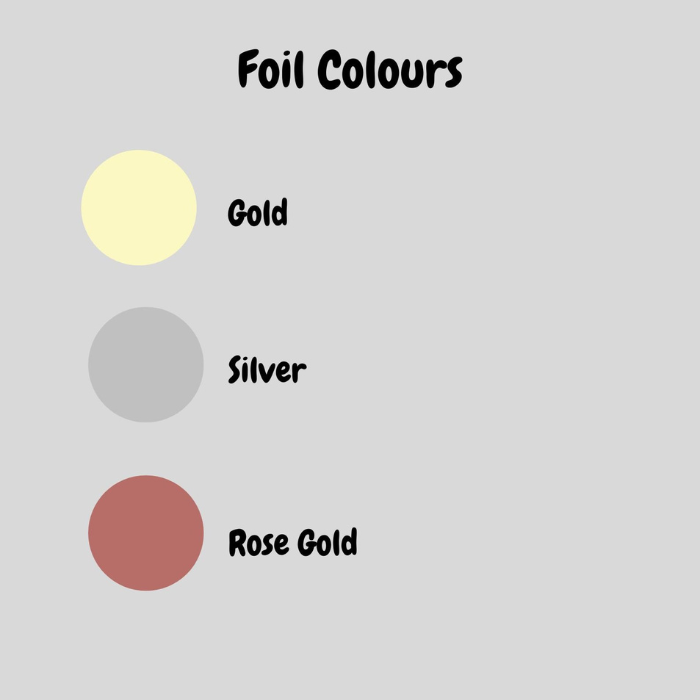 Foil colours to choose from Gold, silver and rose gold to personalise the Heart Coin Pouch Keychain 