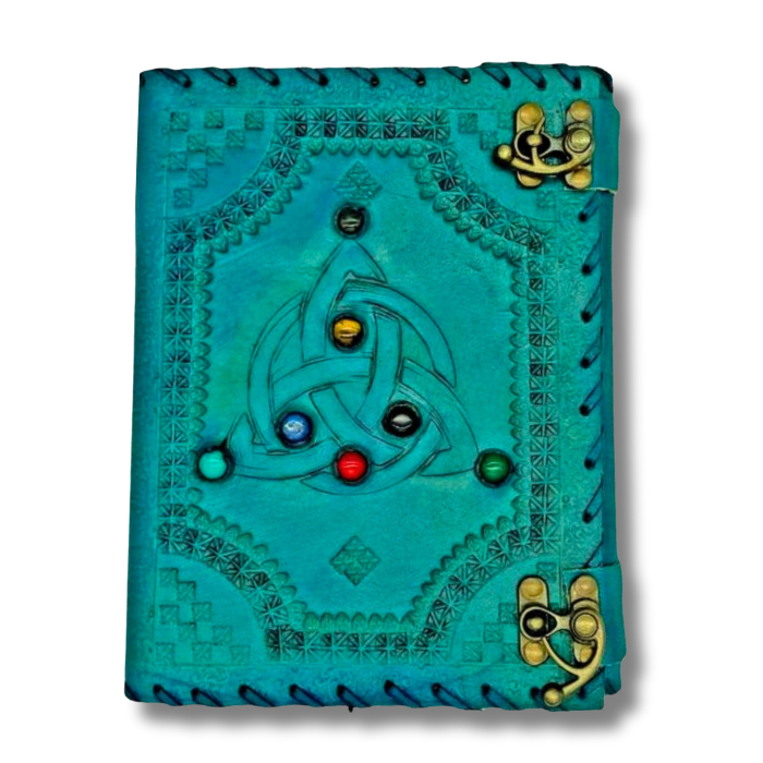 Leo Celtic Handmade Journal with 2 brass locks on a white background.