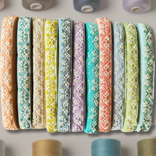 Net Embroidered Trim on an light background with thread spools on the borders