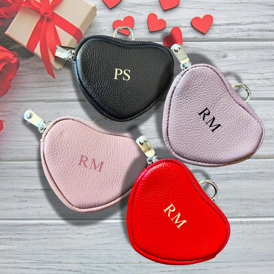 Personalised Heart Coin Pouch Keychain in 4 colours black, pink, red and lilac