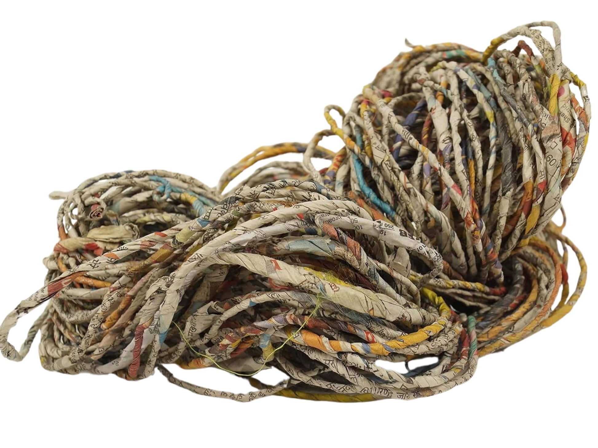 Recycled paper yarn on a white background
