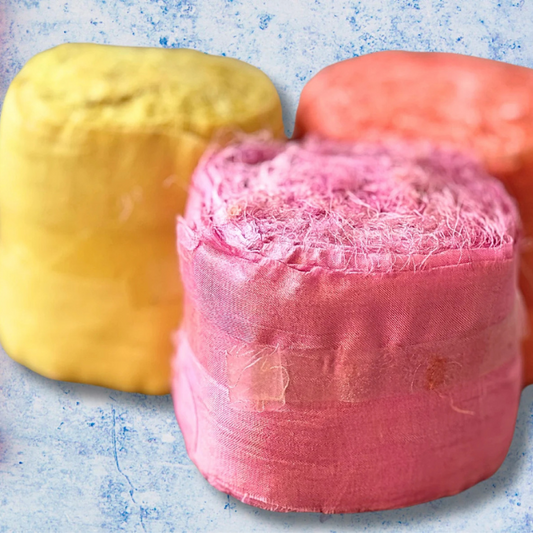 3 rolls of silk sari ribbon in yellow, pink and orange 