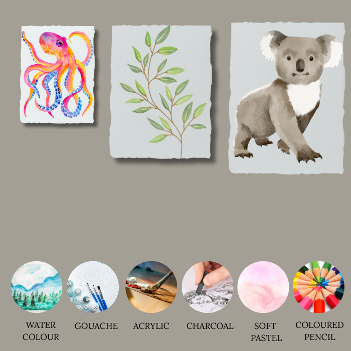 Three different sizes of 300 GSM handmade cotton watercolour paper displayed with unique watercolour paintings, showcasing versatility for watercolour, gouache, acrylic, charcoal, soft pastel, and coloured pencil mediums.