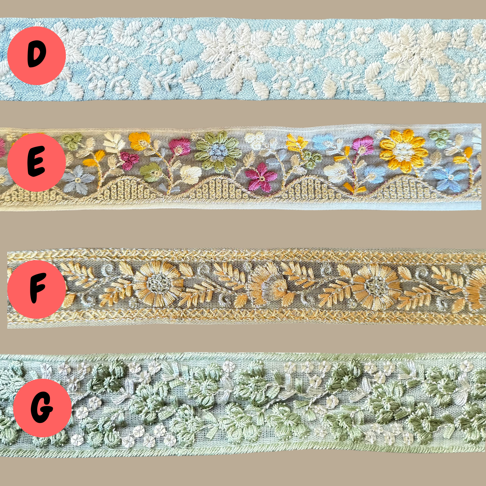  lace and trim in 4 different designs and colours