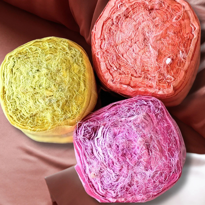 3 rolls of silk sari ribbon in yellow, pink and orange 