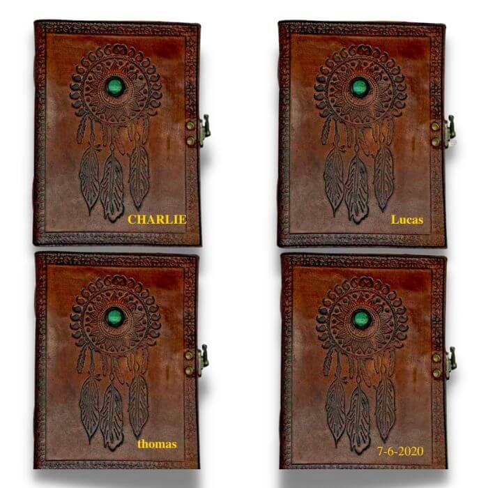 4 Brown leather journal with Embossed dream catcher design with personalisation on them