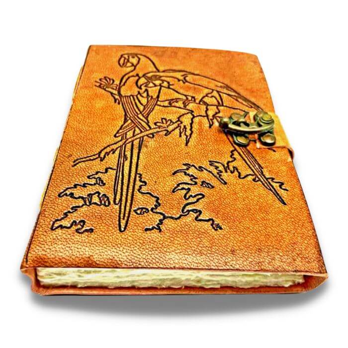 Brown leather journal with Parrot embossed design 