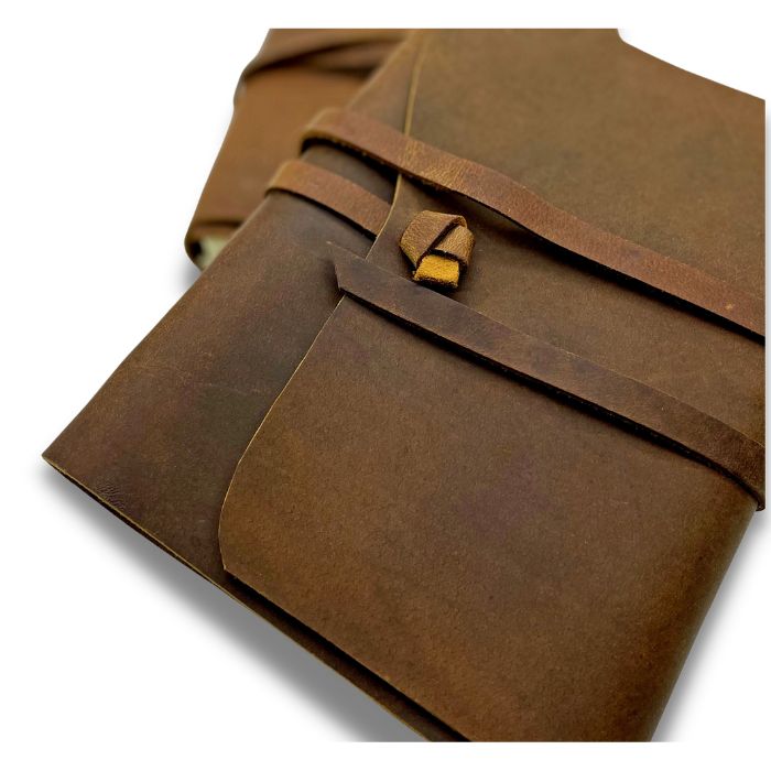 Brown leather journal with leather strap