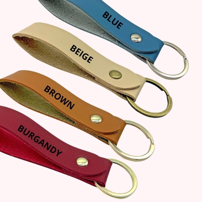 4 Personalised Keyring in Burgundy, brown, beige and blue and different hardwares 