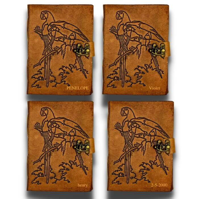 4 Brown leather journal with Parrot embossed design and personalisation on them.