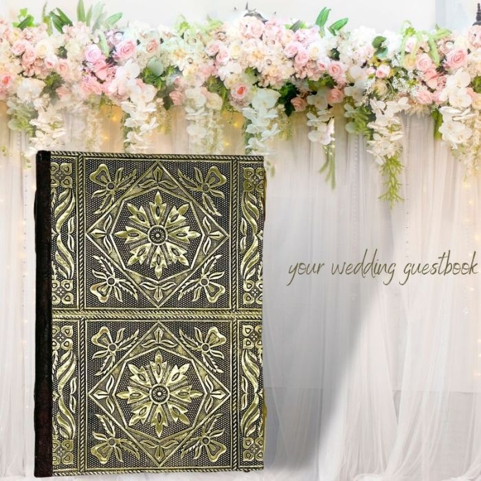 Freya Wedding Guest Book with a wedding background