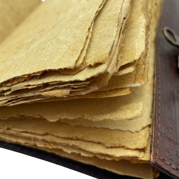 Close up of antique look pages of Full grain leather handmade journal